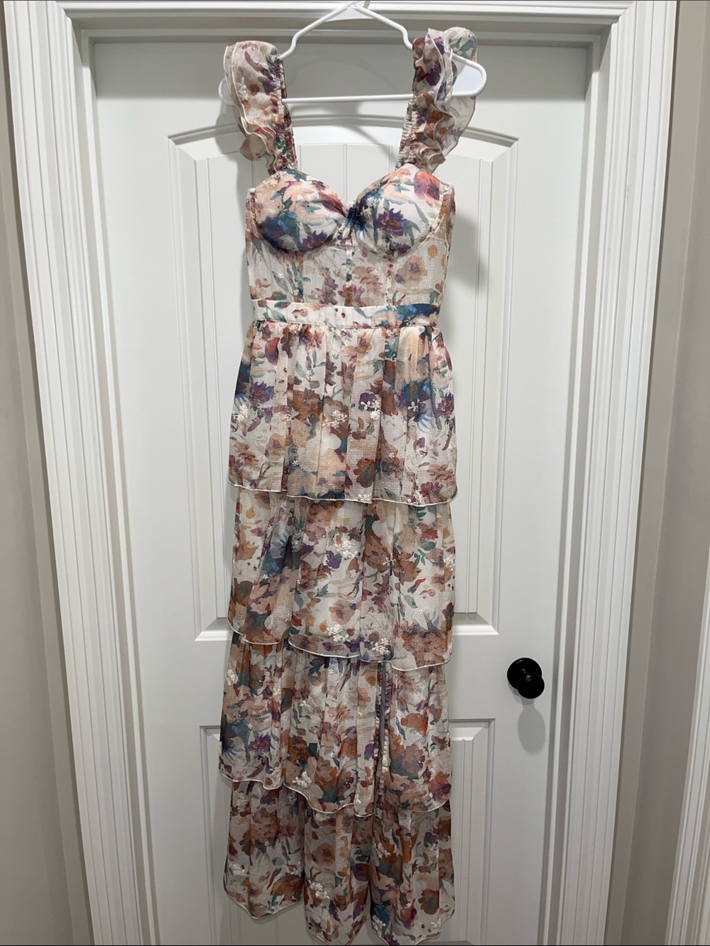 SHEIN Ivory Floral Ruffle Tiered Maxi Dress with Slit